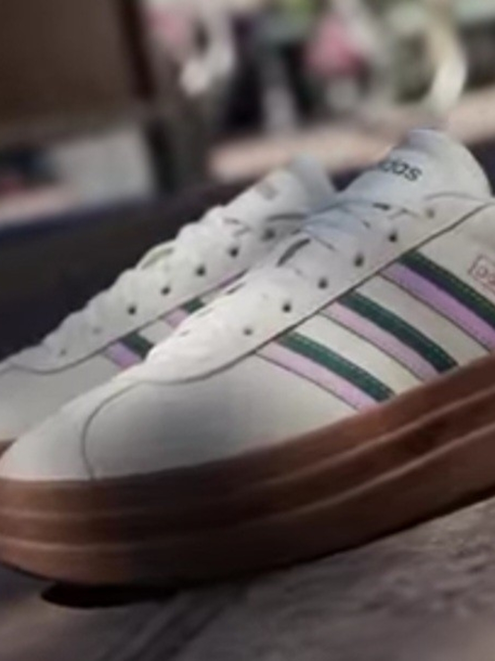 adidas White Low-Top Sneakers with Green & Pink Stripes & Gum Sole VL Court Bol